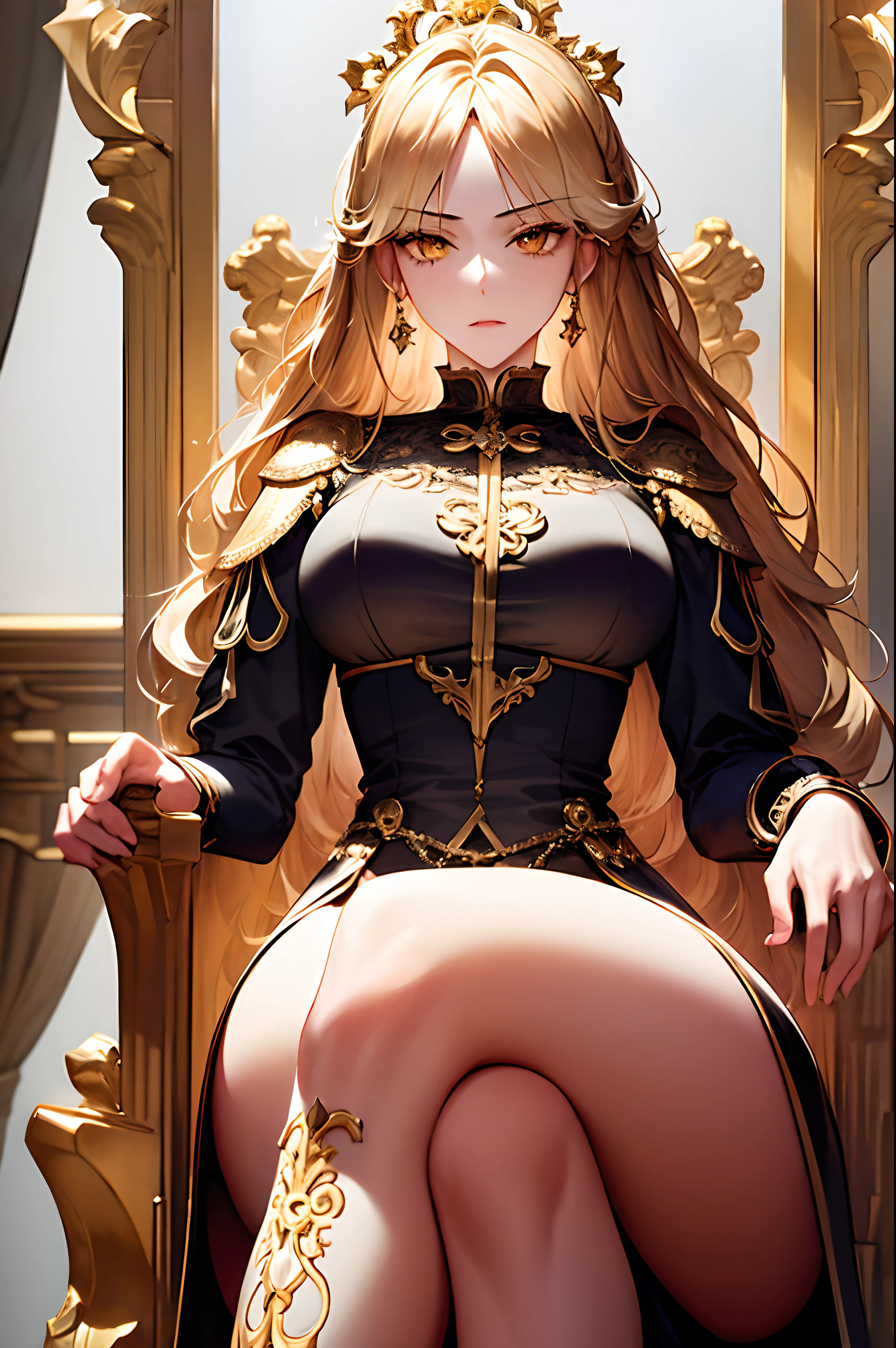 (masterpiece, best quality, extremely detailed:1.3) BREAK 1girl, Mythology Emperor, Mythology Armor, wide hips, serious, shaded face, sitting, crossed legs, gold throne, luxury palace, gold theme, (shoujo-style), (romance manhwa)