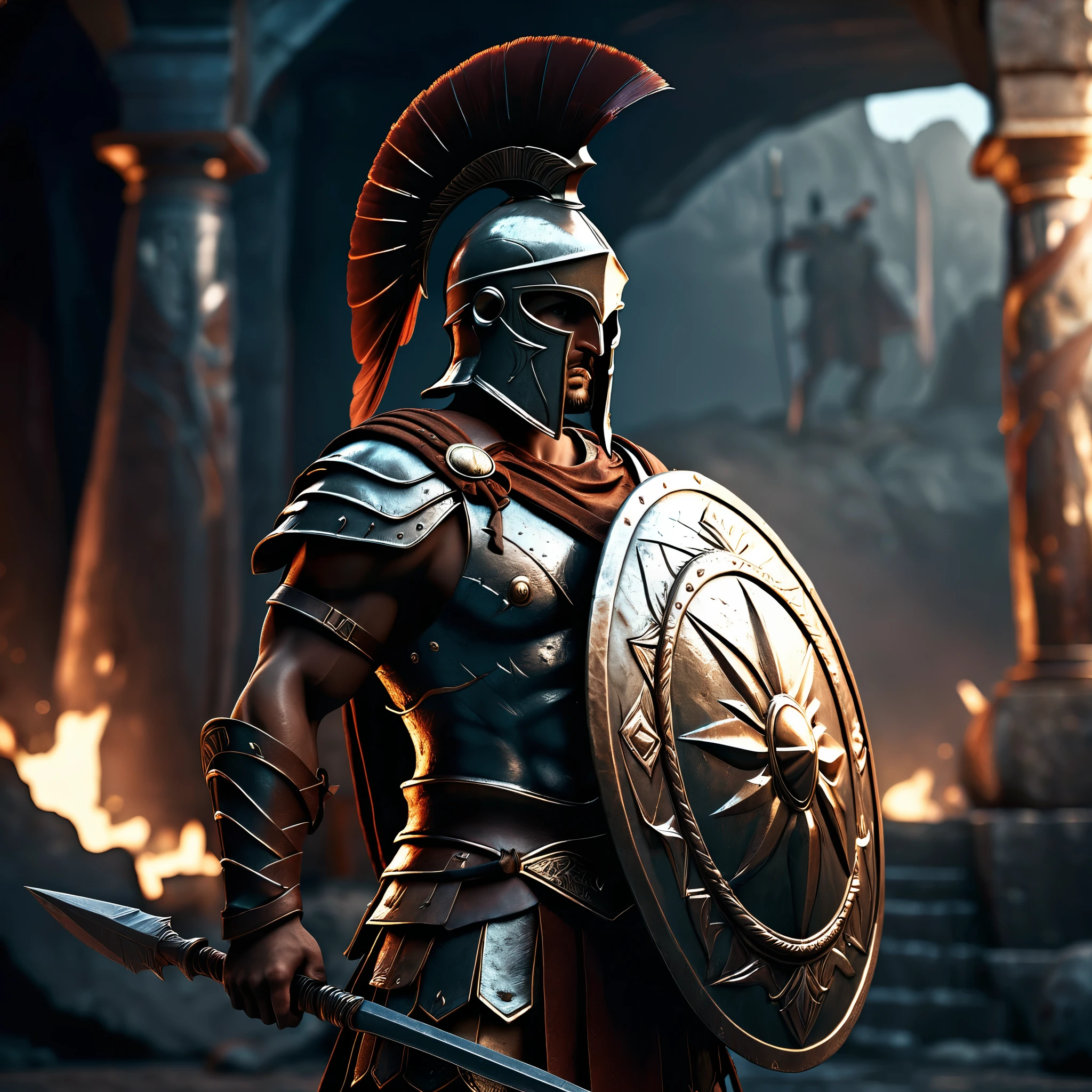 a hoplite warrior standing tall with a bronze helmet, detailed muscular body, holding a shield and spear, dramatic lighting, epic fantasy, 8k, highly detailed, photorealistic, hyper detailed, cinematic, unreal engine, chiaroscuro lighting, dramatic shadows, muted color palette, gritty, grounded, bronze, steel, leather, ancient greek, historical, warrior, battle, heroic, powerful, imposing, majestic, commanding presence