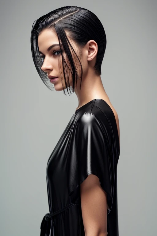 Gorgeous european woman with very short straight hair, short hair, wet hair, hair slicked back, combed straight back, slick hair, black to blonde gradient mixed hair, wearing a white wet summer dress, solid dark black background
