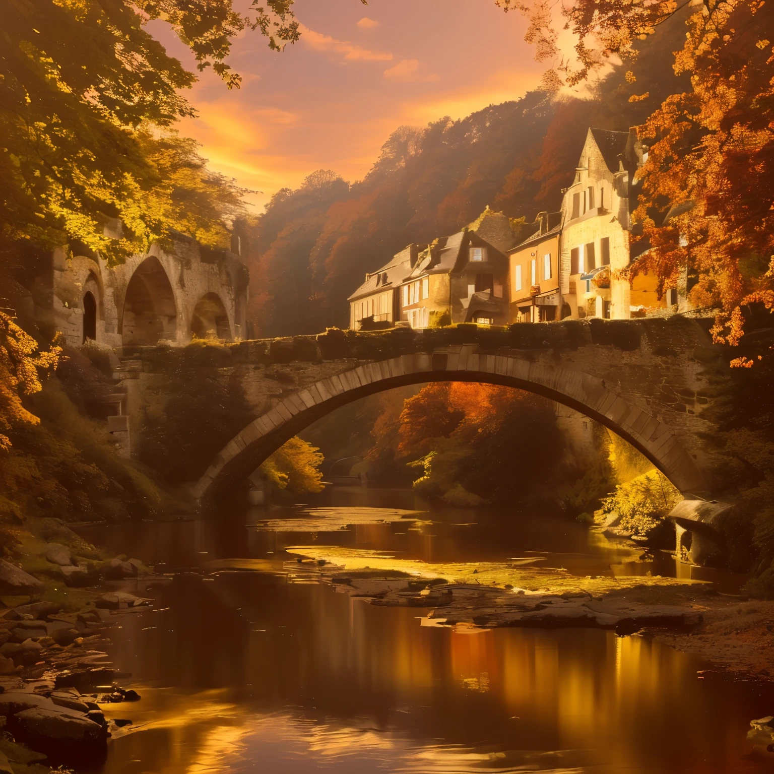 There is a bridge over the river,The background is a building, author:Daniel Seghers, author Etienne Delessert, fairytale place, by Sebastian Spren, Real photos of the town, quaint village, William Didier-Puget, author:Raphael Colin, author:Tobias Steamer, author:Thomas Bock, author:Johannes Voss