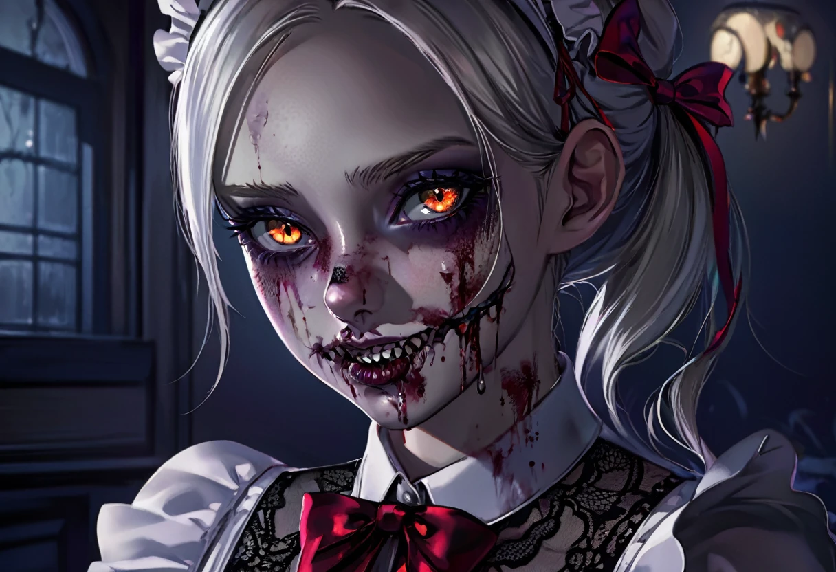 A zombie woman in a maid outfit, extremely detailed eyes and face, beautiful detailed lips, longeyelashes, detailed zombie skin texture, maid outfit with lace and ribbons, Halloween night, horror, dark and moody atmosphere, dramatic lighting, pale skin, sunken eyes, sharp teeth, dripping blood, brain, (best quality,4k,8k,highres,masterpiece:1.2),ultra-detailed,(realistic,photorealistic,photo-realistic:1.37),dark colors,deep shadows,cinematic,dramatic