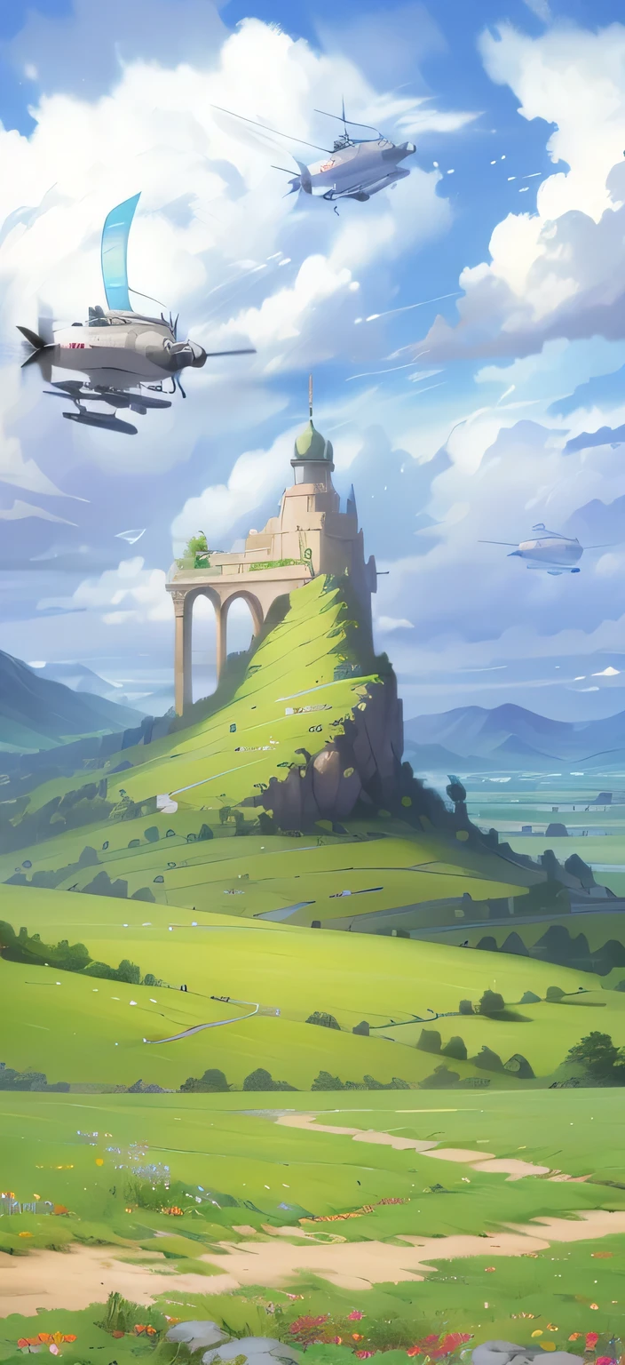 grassland scene，grassland，castle，Sky，cloud，Aircraft，Big Aka Sky