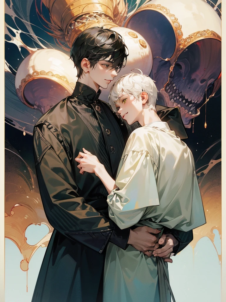 (((photographic, photo, photogenic))), extremely high quality high detail RAW color photo, Lovecraftian cybernetic horror, watercolor, otherworldly textures , high quality, detailed, 
young man , 4K UHD, super detail, best quality, detailed eyes, masterpiece, 2 young men who smiles at each other with a love atmosphere ,one of them is 21years old and has a white straight short hair and green beautifull eyes this men smiles a sweet smile with quiet expression and beautiful smile and he wears a cute outfit,the second men is taller than the previous one and he is 27year and this men has acblack semi long haircut and yellow eyes and has a quiet expression face and he has a sharp eyes and wears a black clothes,high resolutions 