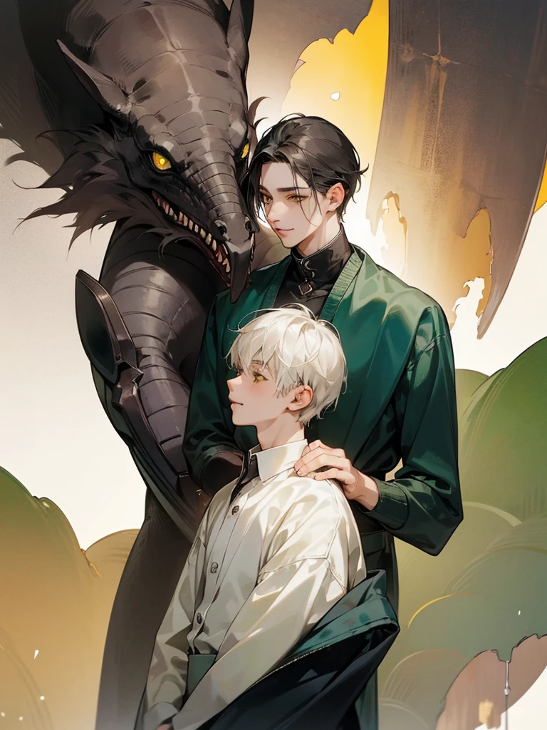 (((photographic, photo, photogenic))), extremely high quality high detail RAW color photo, Lovecraftian cybernetic horror, watercolor, otherworldly textures , high quality, detailed,
young man , 4K UHD, super detail, best quality, detailed eyes, masterpiece, 2 young men who smiles at each other with a love atmosphere ,one of them is 21years old and has a white straight short hair and green beautifull eyes this men smiles a sweet smile with quiet expression and beautiful smile and he wears a cute outfit,the second men is taller than the previous one and he is 27year and this men has acblack semi long haircut and yellow eyes and has a quiet expression face and he has a sharp eyes and wears a black clothes,high resolutions
