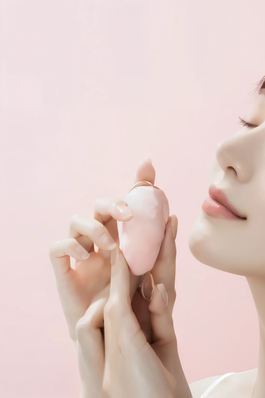 有一位女士hand里拿着一个粉色心形物体, Feminine,, Smooth pink skin, Light milky white porcelain skin, Soft shine, beautiful, Beauty,Profile,With eyes closed,Smile,hand,纤细的hand,细腻的hand,HD,4k