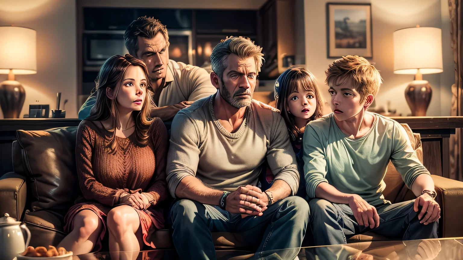 A man watching TV, his wife and children trying to get his attention, realistic, photorealistic, 8k, detailed facial features, detailed clothing, warm interior lighting, bright colors, family, domestic scene, emotional tension, husband ignoring family