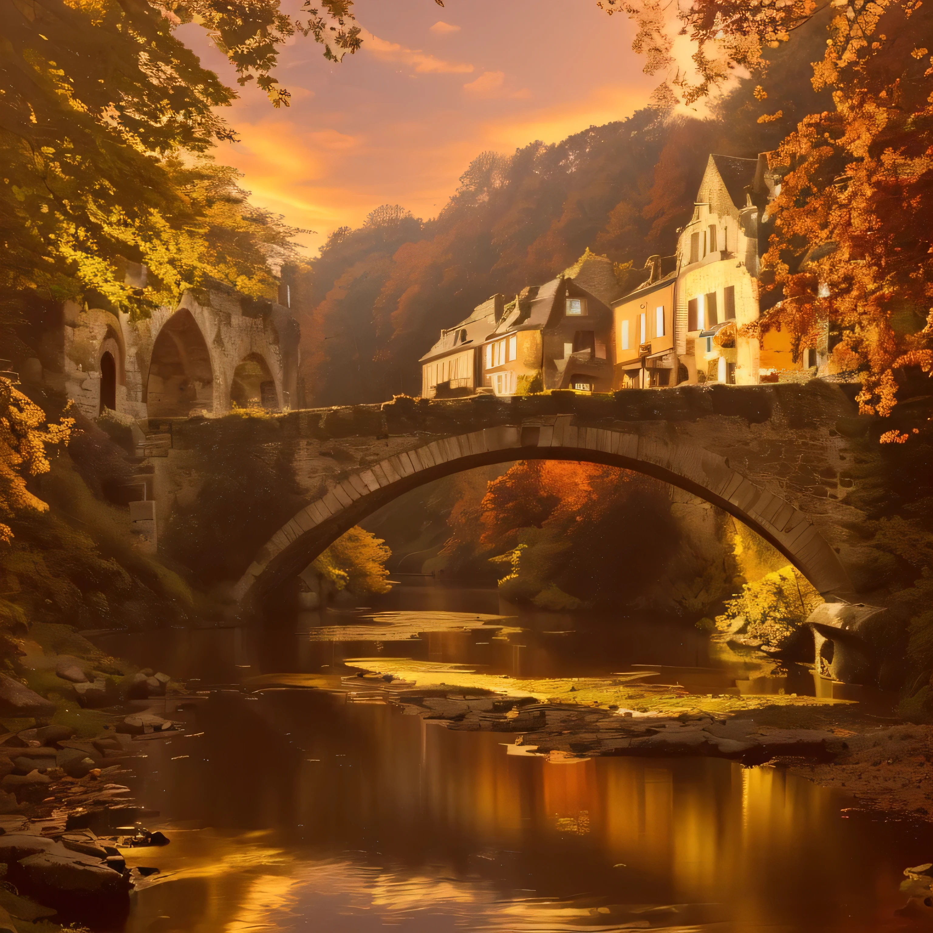There is a bridge over the river，The background is a building, author：Daniel Seghers, author Etienne Delessert, fairytale place, by Sebastian Spren, Real photos of the town, quaint village, William Didier-Puget, author：Raphael Colin, author：Tobias Steamer, author：Thomas Bock, author：Johannes Voss