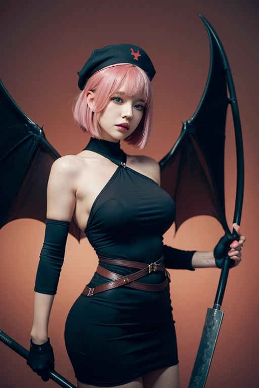 masterpiece,highest quality,Beauty,Pink Hair,bangs,Bobcut,nurse cap,Big Breasts,(Black Bondage),(Devil Nurse),(holding a big scythe in his hand),(Bat wings on shoulders),(Devil's Tail),Cemetery at night,