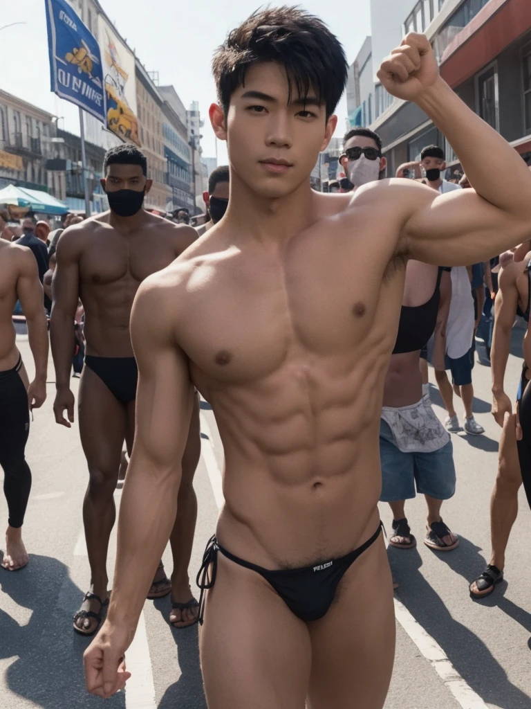 1boy,one handsome man,Asian,(head turned, looking at viewer:1.5),(short black hair:1.3),perfect hands,five fingers on each hand,black boots,(sexy bikini thong:1.3), (pubes: 1.3), shirtless, topless, lifted arms, muscular,(manly pose on the gay parade:1.5),street,day,daytime,natural lighting,outdoor,best quality,masterpiece,ultra highres,photorealistic,realistic,