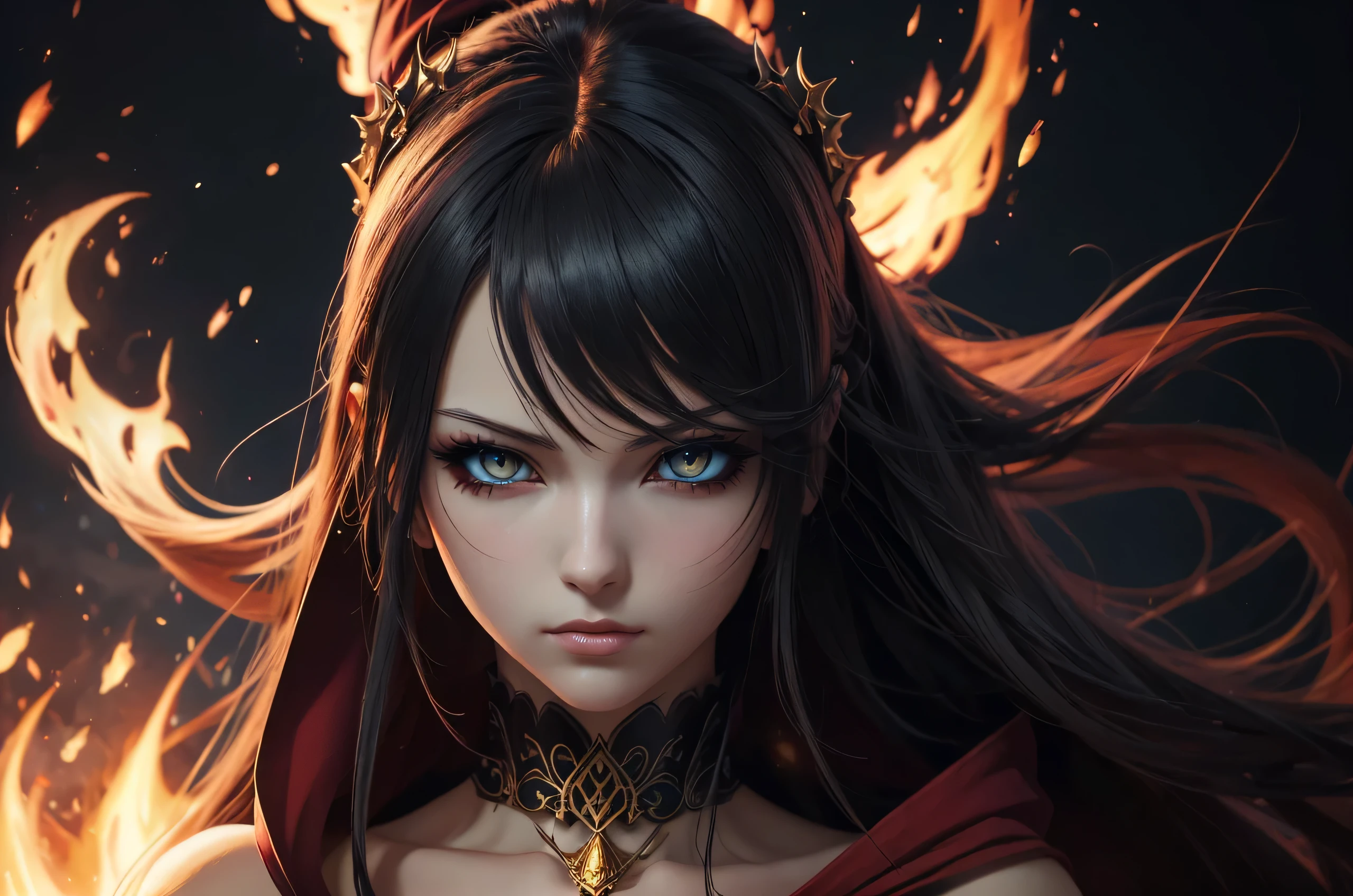 There is a beautiful demonic witch standing in the middle of raging fire storm, her hair is fire it self, she have seductive make up and eyes like yellow embers she dressed in beautiful sexy long black robe with red parts and golden jewlery, (ultra high quality fantasy art, dafk fantasy style, masterpiece, ultra highquality character design, 8k quality anime art, realistic anime art, top quality wallpaper illustration, detailed ultra high quality acurate face, highquality design and acurate physic)