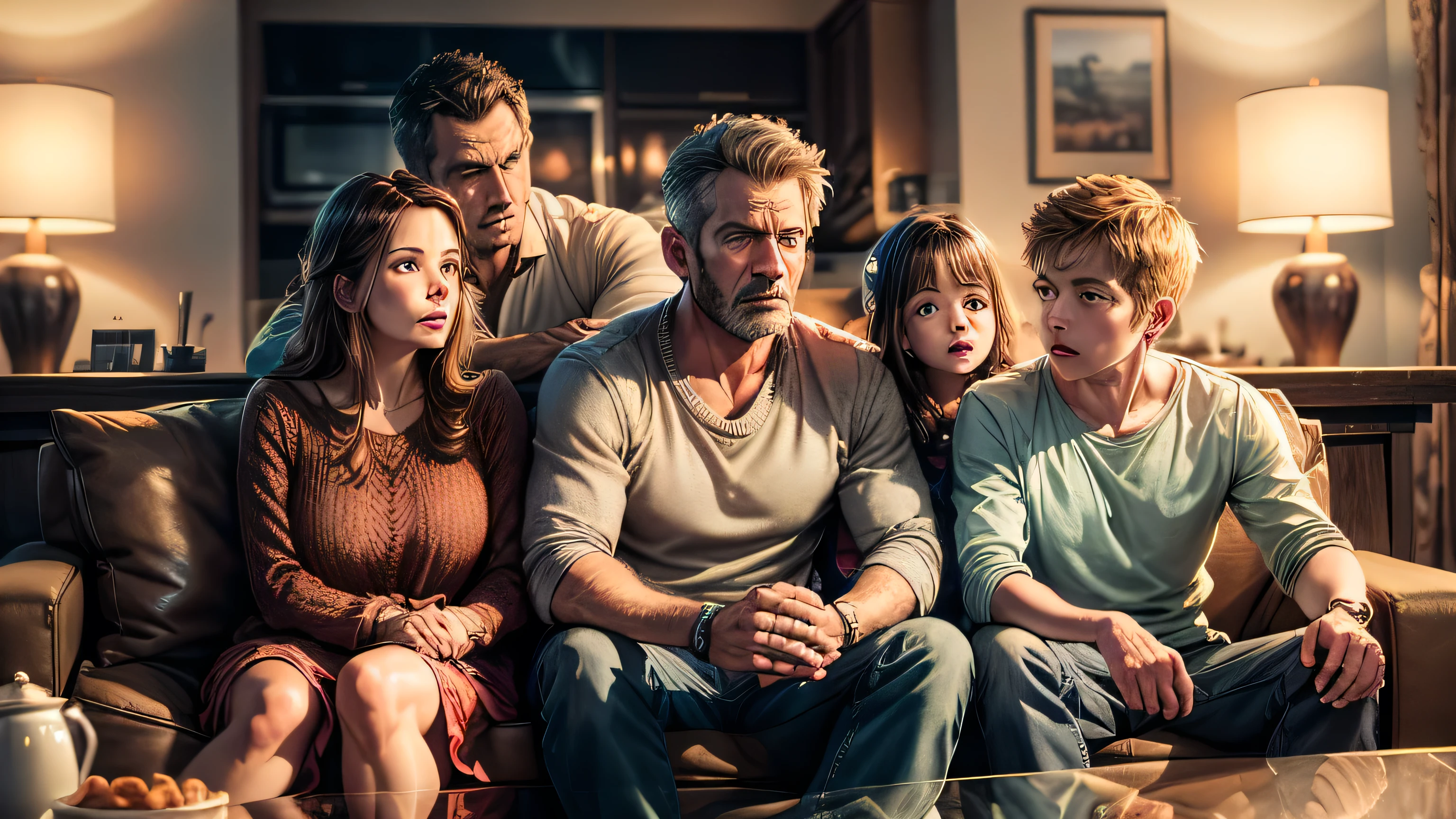 A man watching TV, his wife and children trying to get his attention, realistic, photorealistic, 8k, detailed facial features, detailed clothing, warm interior lighting, bright colors, family, domestic scene, emotional tension, husband ignoring family