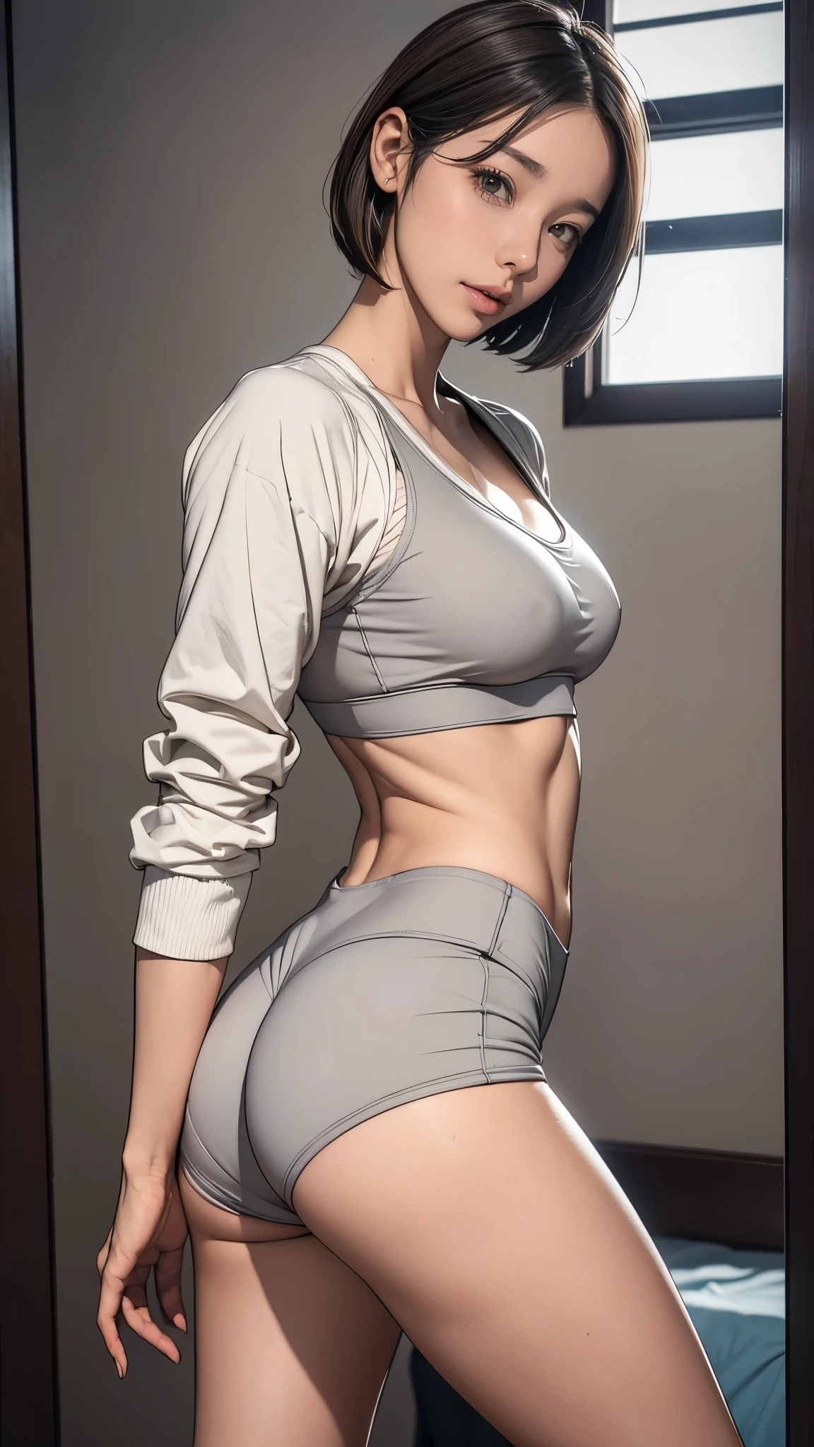 8k, RAW photos, best quality, masterpiece, Practical, Reality, (1 extreme beauty), 36 years old, Gorgeous，The face is rich in detail, (Perfect Teeth), Delicate eyes, double eyelids, eyelash, Grin, Lip detail, Brown Hair Bob, Natural breasts, ((Sexy Japanese volleyball)), ((Light grey sexy sports shorts))Soft Light, ((Written border depth)) 、Shot in the back、all、Stick out your ass、legs spread、slim body、Inverted Nipple, High Jump Jacket,Sports bra，Leaked out，