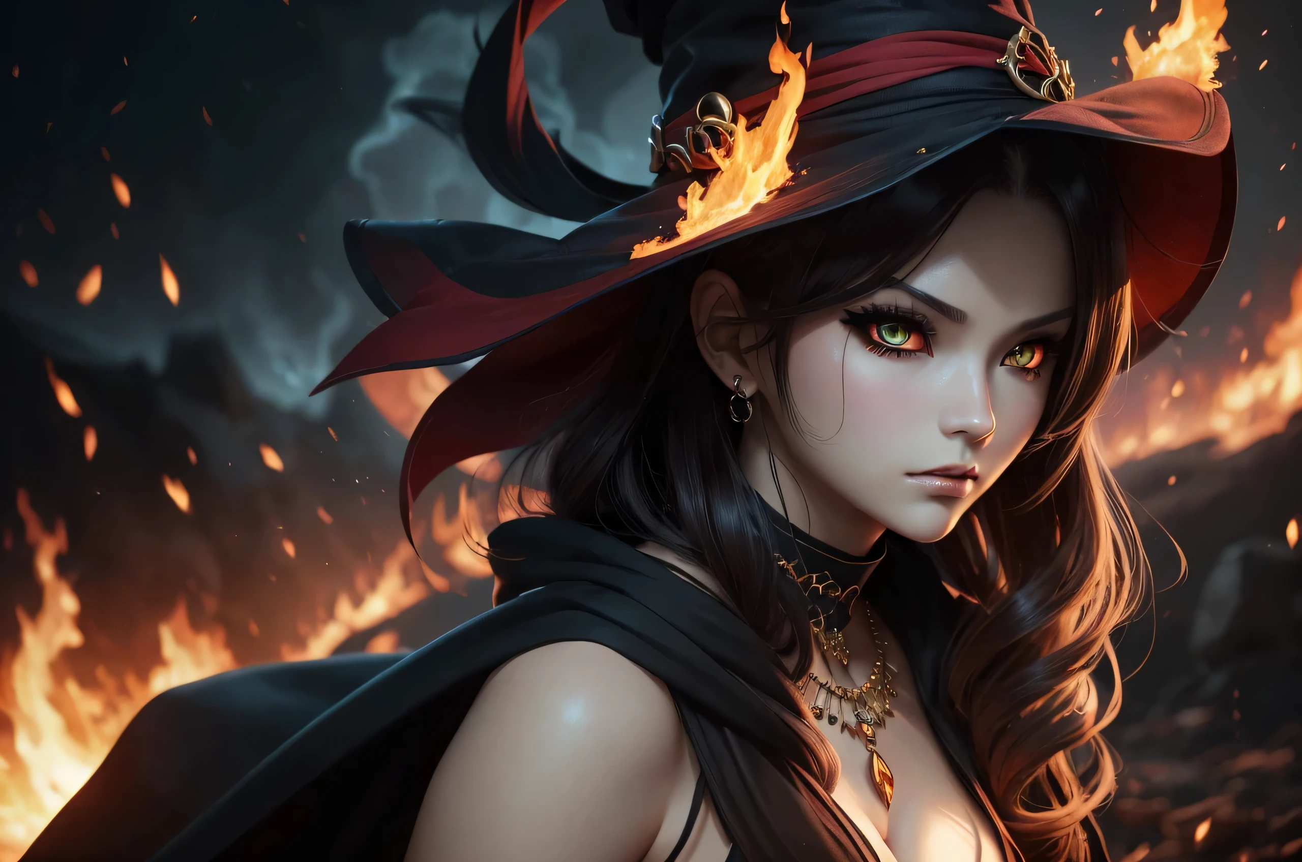 There is a beautiful demonic witch standing in the middle of raging fire storm, her hair is fire it self, she have seductive make up and eyes like yellow embers she dressed in beautiful sexy long black robe with red parts and golden jewlery, (ultra high quality fantasy art, dafk fantasy style, masterpiece, ultra highquality character design, 8k quality anime art, realistic anime art, top quality wallpaper illustration, detailed ultra high quality acurate face, highquality design and acurate physic)
