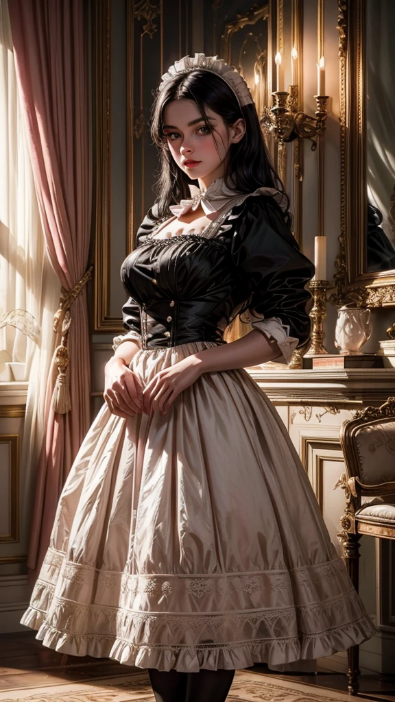 a beautiful maid in a classic french maid outfit, high quality, highly detailed, intricate details, realistic, cinematic lighting, porcelain skin, long black hair, big green eyes, small pink lips, elegant and refined, standing in a luxurious room interior, warm colors, chiaroscuro lighting, photorealistic, 8k, masterpiece