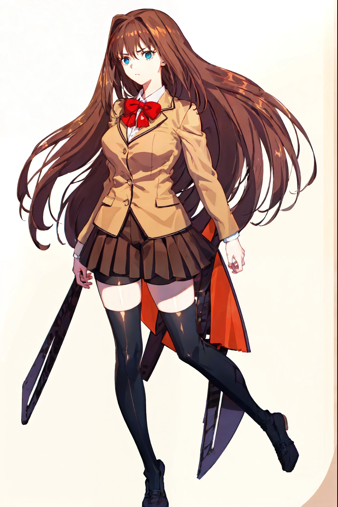 1girl, solo, cinematic light, colorful, hyper detail, dramatic light, intricate details, best quality, (wallpaper, masterpiece ultra-detailed), beautiful detailed face, high contrast, AokoSchoolUniform, ((only 2 legs)), (lush luscious hair:1.1), very long hair, (chestnut-brown hair with slightly reddish undertone), red bowtie, (beige blazer:1.5), (white shirt:0.9), (large breasts:0.8), nice hips, (Umber pleated-skirt:1.5), (black spandex shorts:1.4), (nice thighs:1.5), (symmetrical black thigh-high stockings:1.5), (brown Strap-Shoes), standing straight, ((Full body in frame including shoes in frame)), white-empty background, (((empty background:1.8)))
