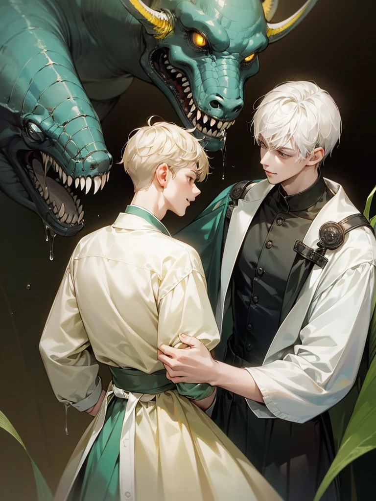 (((photographic, photo, photogenic))), extremely high quality high detail RAW color photo, Lovecraftian cybernetic horror, watercolor, otherworldly textures , high quality, detailed,
young man , 4K UHD, super detail, best quality, detailed eyes, masterpiece, 2 young men who smiles at each other with a love atmosphere ,one of them is 21years old and has a white straight short hair and green beautifull eyes this men smiles a sweet smile with quiet expression and beautiful smile and he wears a cute outfit,the second men is taller than the previous one and he is 27year and this men has acblack semi long haircut and yellow eyes and has a quiet expression face and he has a sharp eyes and wears a black clothes,high resolutions