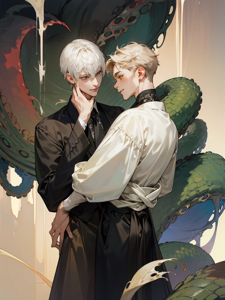 (((photographic, photo, photogenic))), extremely high quality high detail RAW color photo, Lovecraftian cybernetic horror, watercolor, otherworldly textures , high quality, detailed, 
young man , 4K UHD, super detail, best quality, detailed eyes, masterpiece, 2 young men who smiles at each other with a love atmosphere ,one of them is 21years old and has a white straight short hair and green beautifull eyes this men smiles a sweet smile with quiet expression and beautiful smile and he wears a cute outfit,the second men is taller than the previous one and he is 27year and this men has acblack semi long haircut and yellow eyes and has a quiet expression face and he has a sharp eyes and wears a black clothes,high resolutions 