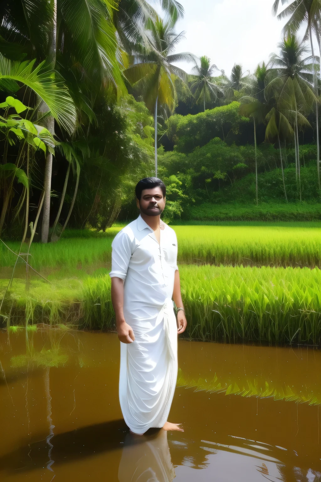 Generate a detailed and realistic image of a vibrant Kerala landscape. Lush green paddy fields stretch towards the horizon, with a small pond reflecting the clear blue sky. In the foreground, a young Mohan Lal, presumably in his mid-20s, stands with a determined expression. He has short, dark, thick hair with a healthy shine. His face is smooth and wrinkle-free, with fuller cheeks and less prominent crows feet around his eyes. His bright, energetic eyes sparkle with focus as he casts a fishing rod with a baited hook into the pond. He wears a simple white mundu (traditional Kerala dhoti) that is slightly wet at the ankles from wading in the shallow water. Include a few coconut palm trees swaying gently in the background, adding to the serene atmosphere