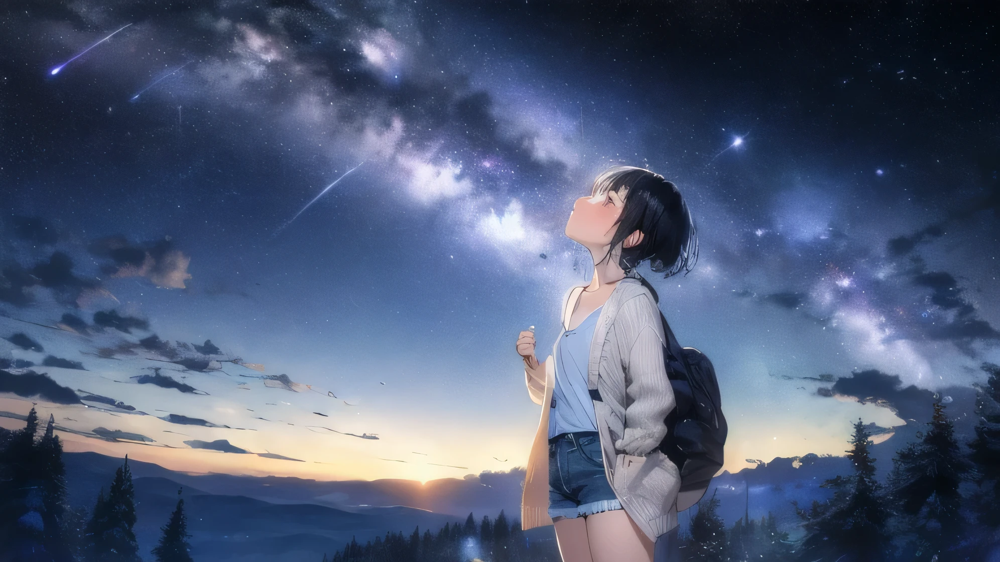 night、The Milky Way hangs over the sky and the stars twinkle.。The girl is on the hill far away。A starry sky spreads out。A young girl is looking up at the stars from a distant hill。The girl has short black hair and is wearing a white cardigan and denim shorts.。