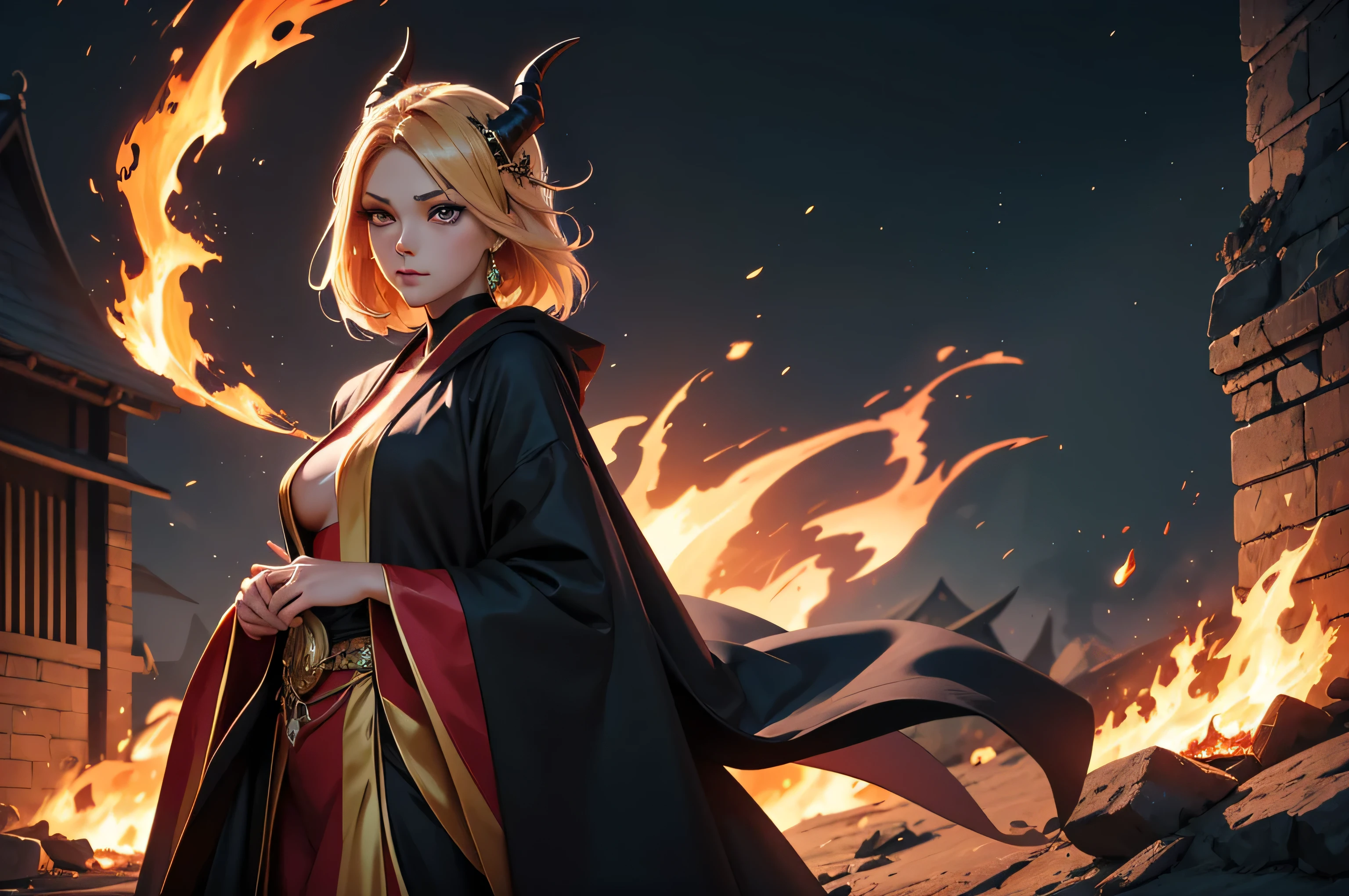 There is a beautiful demonic witch standing in the middle of raging fire storm, her hair is fire it self, she have seductive make up and eyes like yellow embers she dressed in beautiful sexy long black robe with red parts and golden jewlery, (ultra high quality fantasy art, dafk fantasy style, masterpiece, ultra highquality character design, 8k quality anime art, realistic anime art, top quality wallpaper illustration, detailed ultra high quality acurate face, highquality design and acurate physic)