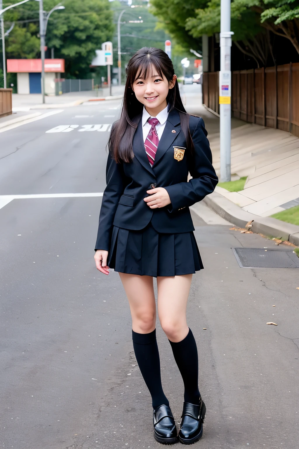 An empty town、Japanese high school girls in miniskirt uniforms、Long black hair、Cute Face、Full body portrait、Smiling
