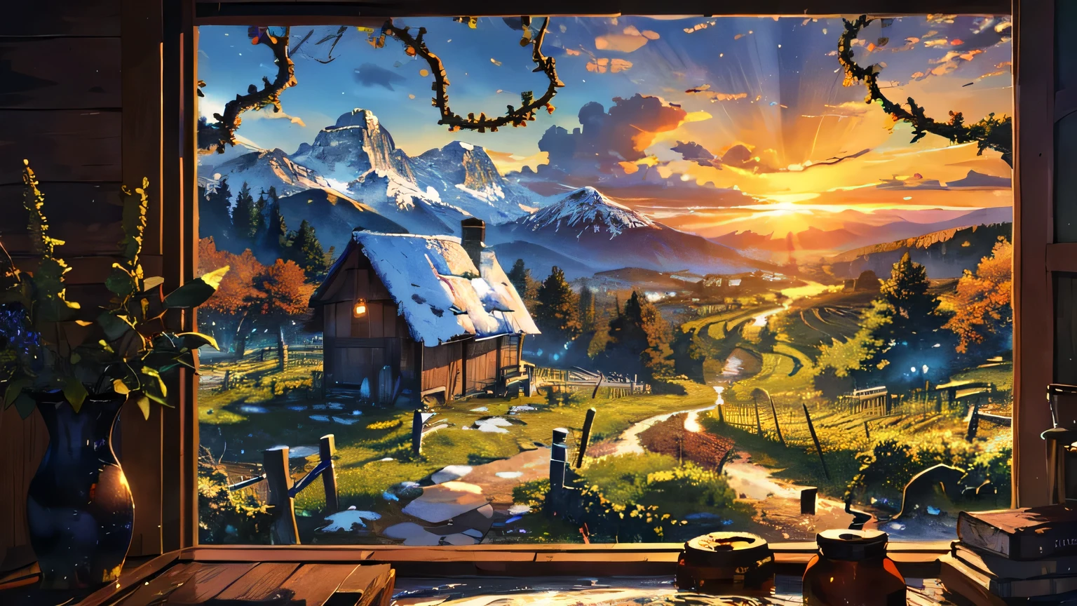 A beautiful landscape painting with a hut nestled in a vineyard at sunrise. The stone path leads through the vineyard, surrounded by lush grapevines. In the distance, snowy mountains rise majestically against the horizon. The landscape is dotted with tall trees, creating a serene and peaceful atmosphere. A calm and glistening valley stretches out beyond the vineyard, adding depth to the composition. The hut, made of weathered wood and surrounded by flourishing grapevines, exudes a sense of tranquility and rustic charm. The surrounding clouds reflect the soft hues of the morning sun, casting a warm and ethereal glow over the scene. The snowy mountains, trees, and valley are all meticulously detailed, the essence of nature in this winter landscape. created with the best quality materials, ensuring vibrant colors and incredible attention to detail. capturing the beauty and serenity of the vineyard in the middle ages. The harmony between the hut, vineyard, snowy mountains, and valley evokes a sense of peace and harmony