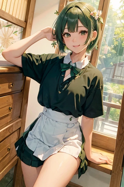 girl, japanese, short hair, green hair, maid restoran clothes, mini skirt, flower earrings, smile, hair ribbon, green eyelid, big chest