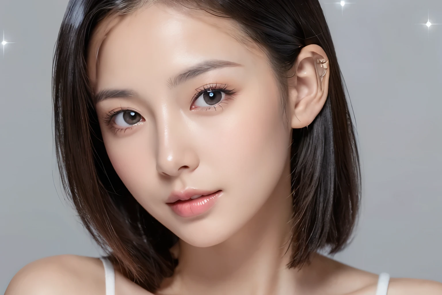 40-year-old woman　A woman with shiny skin　A woman with beautiful features　A woman with good skin　The skin is shiny　looking at the camera　Sitting　Sparkly Background　The glow of the skin is just amazing　Small face　Smooth skin　Japanese women　The hairstyle is the same　Black Hair　