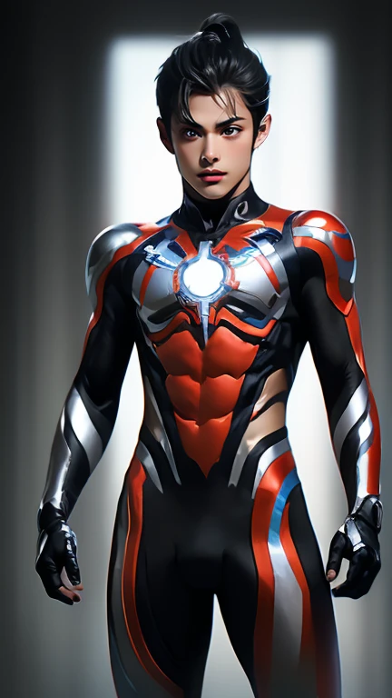 Ultraman, realistic, realistic, movie lights, young man in shiny red and silver suit, 15 years old, professional photo, skin exposed, Japanese model, Japanese CGI, sexy Ultraman suit, Power Rangers set, tight thin cyber suit, with elastic all over, delicate body, small butt, muscle, abs, lewd mark, groin tattoo, thin waist, exposed belly cyber suit on both sides skin tight, slanted eyes, sharp gaze, ponytail hair, facing forward, standing facing forward, glowing sphere embedded in chest, essay exam, blue sky background, Young beautiful boy, young handsome boy, Ultraman Boy personification, Ultraman-colored latex, Ultraman-colored rubber bodysuit, Ultraman color suit, Ultraman body suit, muscles, abs, mask off Ultraman Boy, Ultraman Boy without mask, Ultraman Boy suit, Ultraman Boy cosplay, Ultraman Boy costume, 15 year old boy's body, Ultraman Boy with face exposed, Ultraman without mask Boy, Ultraman without mask, medium-length hair, ponytail hair, color timer on chest, energy drain on chest, Ultraman Boy, boy's face, young boy with long hair, Ultraman Boy cosplayer, exposed face, 13 to 15 years old Boy, young boy's face, high definition, highest quality, best masterpiece, highest clarity, highest resolution, 8K, 16K, 32K, CG art, highest detail, Full body shot, full body view, Belly-baring Ultraman-colored bodysuit, belly-baring Ultraman-colored bodysuit, revealing bodysuit, lewd mark, crotch tattoo, abdominal muscle openwork bodysuit, abdominal muscle visible bodysuit,