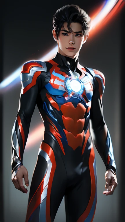 Ultraman, realistic, realistic, movie lights, young man in shiny red and silver suit, 15 years old, professional photo, skin exposed, Japanese model, Japanese CGI, sexy Ultraman suit, Power Rangers set, tight thin cyber suit, with elastic all over, delicate body, small butt, muscle, abs, lewd mark, groin tattoo, thin waist, exposed belly cyber suit on both sides skin tight, slanted eyes, sharp gaze, ponytail hair, facing forward, standing facing forward, glowing sphere embedded in chest, essay exam, blue sky background, Young beautiful boy, young handsome boy, Ultraman Boy personification, Ultraman-colored latex, Ultraman-colored rubber bodysuit, Ultraman color suit, Ultraman body suit, muscles, abs, mask off Ultraman Boy, Ultraman Boy without mask, Ultraman Boy suit, Ultraman Boy cosplay, Ultraman Boy costume, 15 year old boy's body, Ultraman Boy with face exposed, Ultraman without mask Boy, Ultraman without mask, medium-length hair, ponytail hair, color timer on chest, energy drain on chest, Ultraman Boy, boy's face, young boy with long hair, Ultraman Boy cosplayer, exposed face, 13 to 15 years old Boy, young boy's face, high definition, highest quality, best masterpiece, highest clarity, highest resolution, 8K, 16K, 32K, CG art, highest detail, Full body shot, full body view, Belly-baring Ultraman-colored bodysuit, belly-baring Ultraman-colored bodysuit, revealing bodysuit, lewd mark, crotch tattoo, abdominal muscle openwork bodysuit, abdominal muscle visible bodysuit,