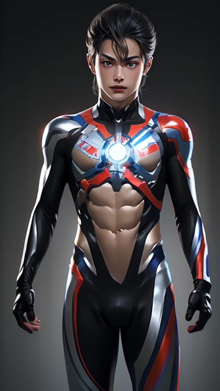 Ultraman, realistic, realistic, movie lights, young man in shiny red and silver suit, 15 years old, professional photo, skin exposed, Japanese model, Japanese CGI, sexy Ultraman suit, Power Rangers set, tight thin cyber suit, with elastic all over, delicate body, small butt, muscle, abs, lewd mark, groin tattoo, thin waist, exposed belly cyber suit on both sides skin tight, slanted eyes, sharp gaze, ponytail hair, facing forward, standing facing forward, glowing sphere embedded in chest, essay exam, blue sky background, Young beautiful boy, young handsome boy, Ultraman Boy personification, Ultraman-colored latex, Ultraman-colored rubber bodysuit, Ultraman color suit, Ultraman body suit, muscles, abs, mask off Ultraman Boy, Ultraman Boy without mask, Ultraman Boy suit, Ultraman Boy cosplay, Ultraman Boy costume, 15 year old boy's body, Ultraman Boy with face exposed, Ultraman without mask Boy, Ultraman without mask, medium-length hair, ponytail hair, color timer on chest, energy drain on chest, Ultraman Boy, boy's face, young boy with long hair, Ultraman Boy cosplayer, exposed face, 13 to 15 years old Boy, young boy's face, high definition, highest quality, best masterpiece, highest clarity, highest resolution, 8K, 16K, 32K, CG art, highest detail, Full body shot, full body view, Belly-baring Ultraman-colored bodysuit, belly-baring Ultraman-colored bodysuit, revealing bodysuit, lewd mark, crotch tattoo, abdominal muscle openwork bodysuit, abdominal muscle visible bodysuit,