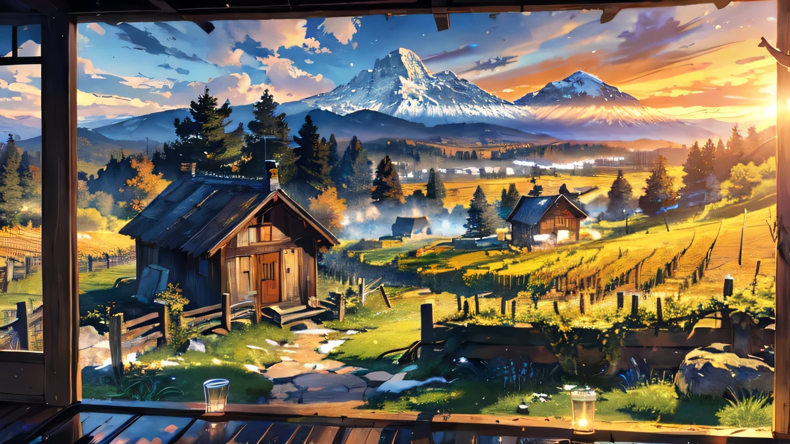 A beautiful landscape painting with a hut nestled in a vineyard at sunrise. The stone path leads through the vineyard, surrounded by lush grapevines. In the distance, snowy mountains rise majestically against the horizon. The landscape is dotted with tall trees, creating a serene and peaceful atmosphere. A calm and glistening valley stretches out beyond the vineyard, adding depth to the composition. The hut, made of weathered wood and surrounded by flourishing grapevines, exudes a sense of tranquility and rustic charm. The surrounding clouds reflect the soft hues of the morning sun, casting a warm and ethereal glow over the scene. The snowy mountains, trees, and valley are all meticulously detailed, the essence of nature in this winter landscape. created with the best quality materials, ensuring vibrant colors and incredible attention to detail. capturing the beauty and serenity of the vineyard in the middle ages. The harmony between the hut, vineyard, snowy mountains, and valley evokes a sense of peace and harmony