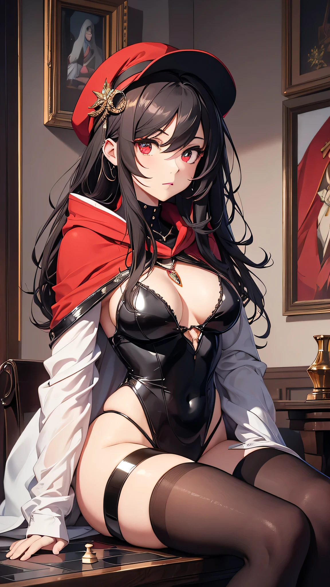 Highest quality、Highest quality、Masterpiece、girl((Metal body,Age 25、as soon as、Highest Bust、Medium Bust、Wide open chest、Red glowing eyes、Black Ear、Red Mesh、Disheveled Hair、Loincloth、thin、The best valley、Open chest、Red Cape、hair ornaments、Full body view、Black short-sleeved hoodie、Red pants、Ruby Necklace、No underwear、hat,Intoxication、Sit on a chair、Crossing your legs))、high quality、Beautiful Art、background((night、Red room、Cool chair,Cool chess board、table、red wine))、flight、Flying Debris、Depth of text、movie、Visual Arts、Perfect Art、8K、Genuine、