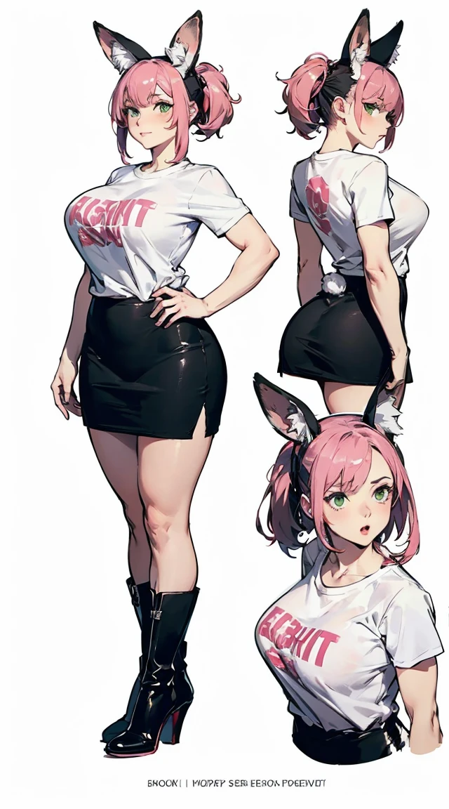 rabbit woman, big ears, pink hair, green eyes, gigantic breasts, long muscular legs, athletic body, t-shirt and mini skirt set, with high heels, boots, 8k, hd, round fluffy tail, masterpiece, body image complete, completely white  background, character sketch in various perspectives back, front, 3/4