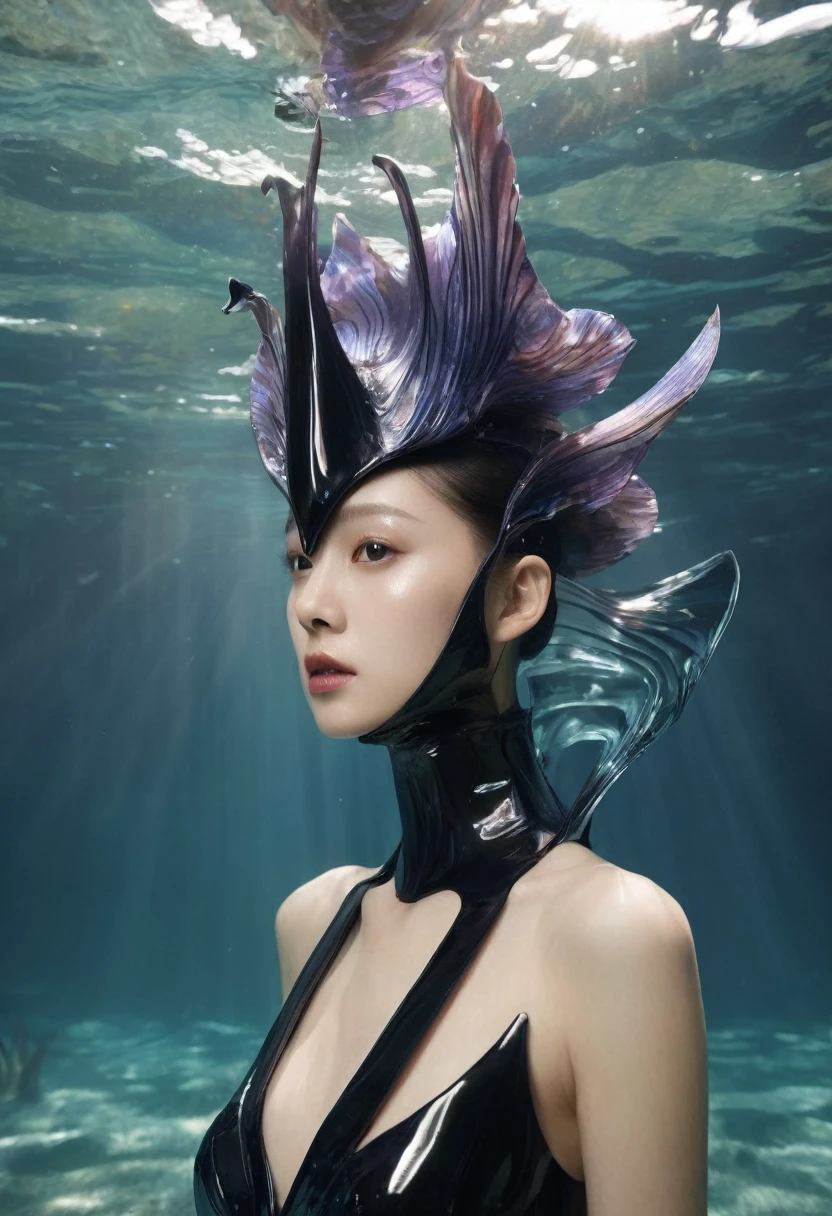Aisian beautiful girl from underwater, iris van Herpen, sleek, fins, gills, darkness, iridescent, full length view,Xill