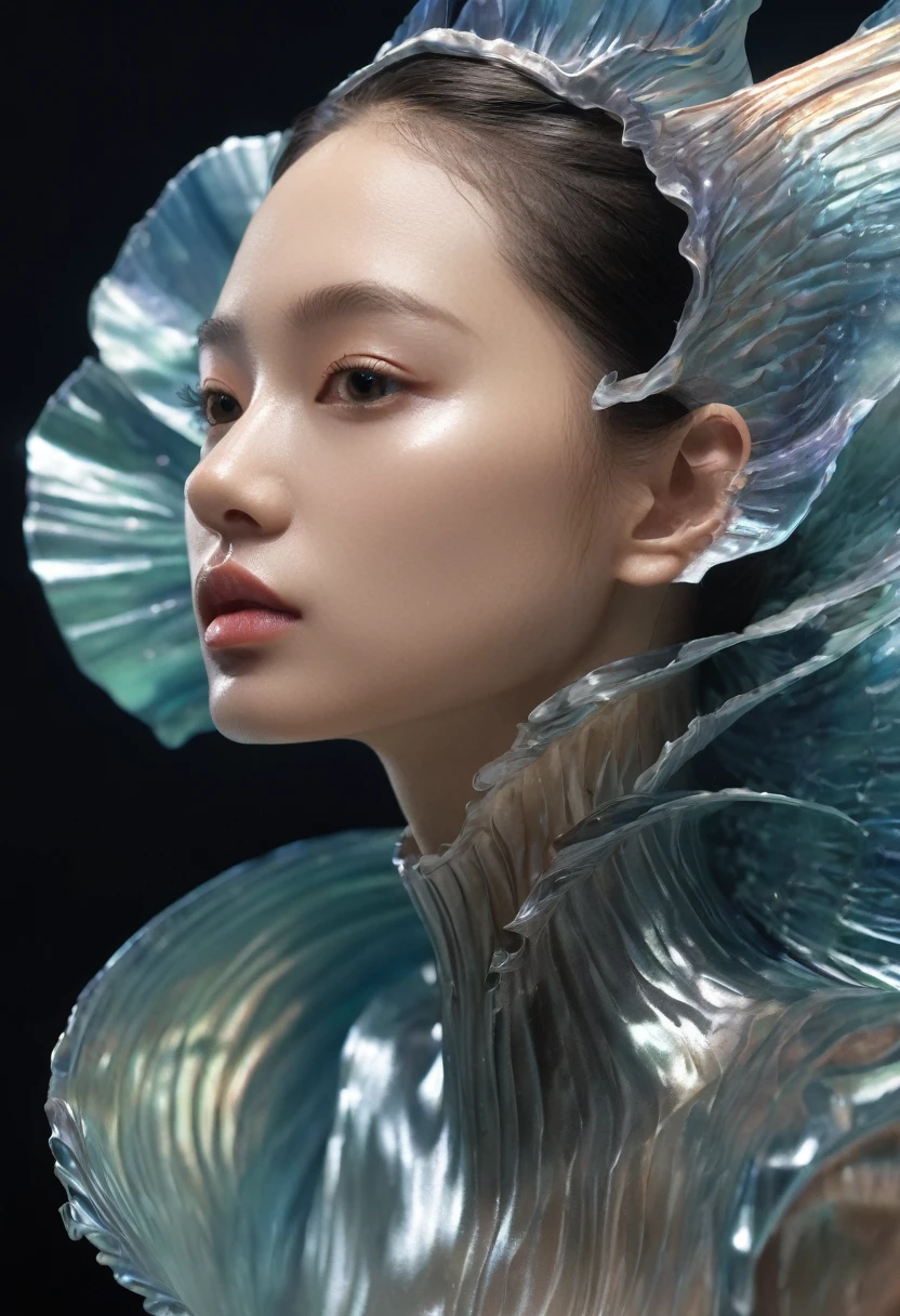 Aisian beautiful girl from underwater, in weird maid outfit,iris van Herpen, sleek, fins, gills, darkness, iridescent, full length view,Xill