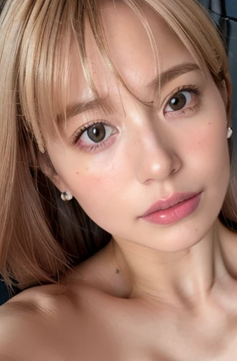 nswf, (nude:1.5), (selfie shot:2),((flat chest:1.3)), bust size C cup, (Close Up:1.5),(from above:1.3),Top quality, 1 beautiful Japanese woman, teen,(18 years old), bob cut, (blond hair:1.5), Ultra-realistic capture, Highly detailed, High resolution 16k close-up of human skin. Skin texture must be natural, With such detail that pores can be finely identified. Skin should look healthy, In a uniform tone. Use natural light and color,