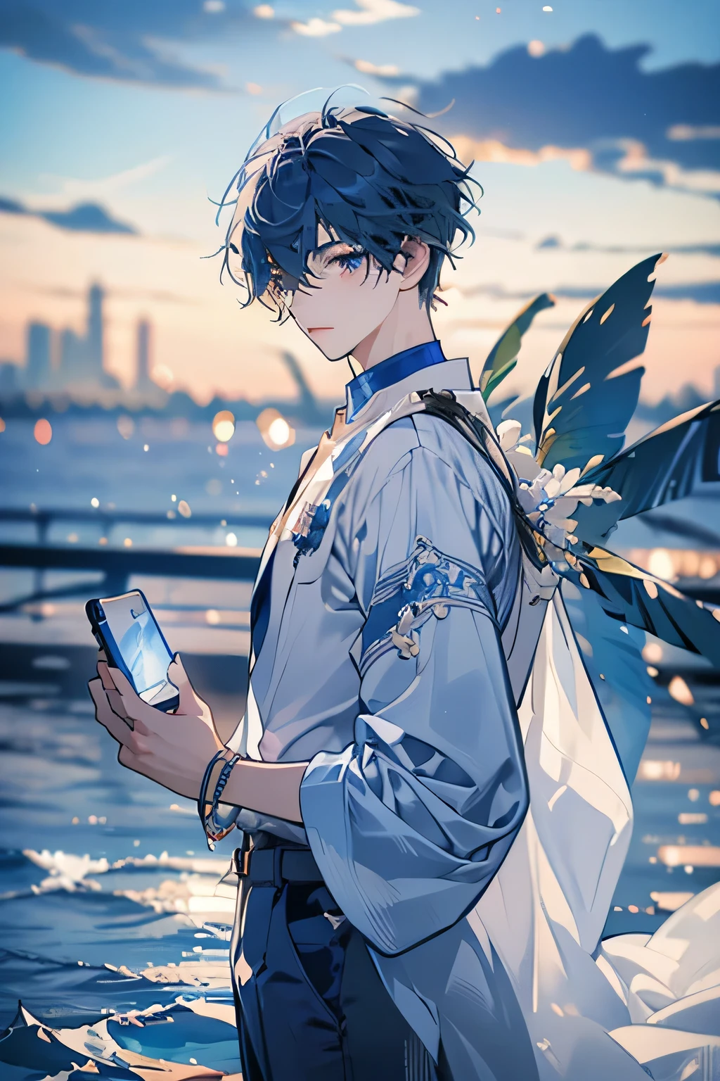 (Super exquisite boy 2.1),(Elf ears,2.1),19 years old,The blue Tang suit has a wave pattern on the upper body,Navel,Blue 3-point pants,No shoes,With pearl anklet,(Hair Bunch,5.5),Background with blue sea,8K quality,Anime filters,2D,phone wallpaper,Best quality,Official Art,Fine details,Very detailed,whole body,(Practical,photo-Practical:1.38),Vivid details,