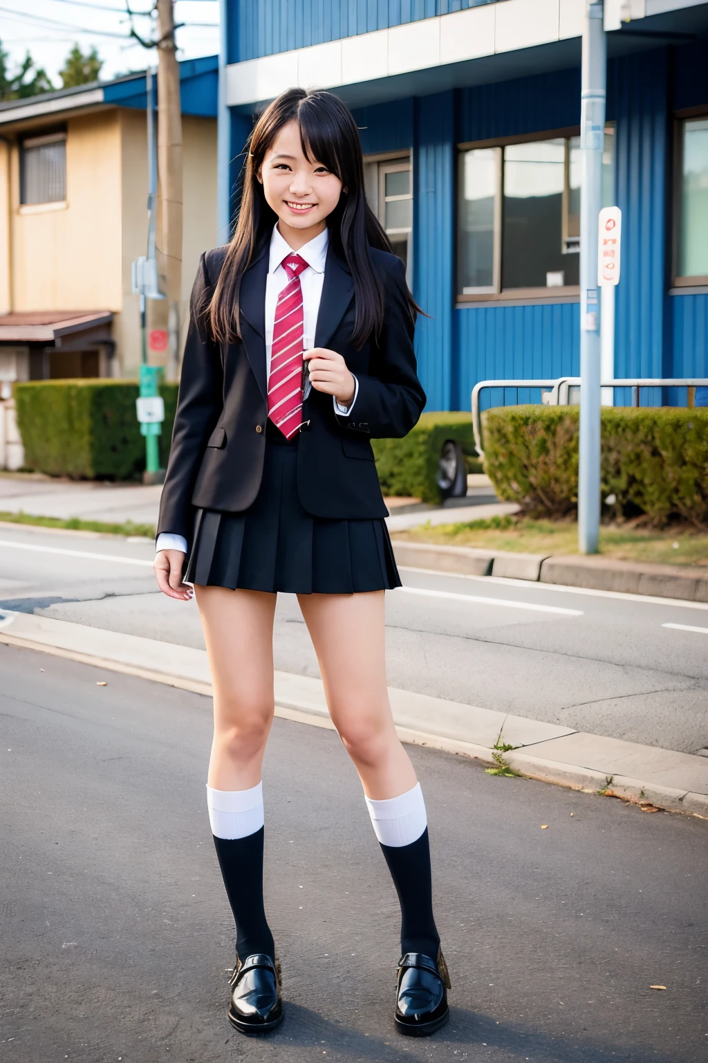 An empty town、Japanese high school girls in miniskirt uniforms、Long black hair、Cute Face、Full body portrait、Smiling