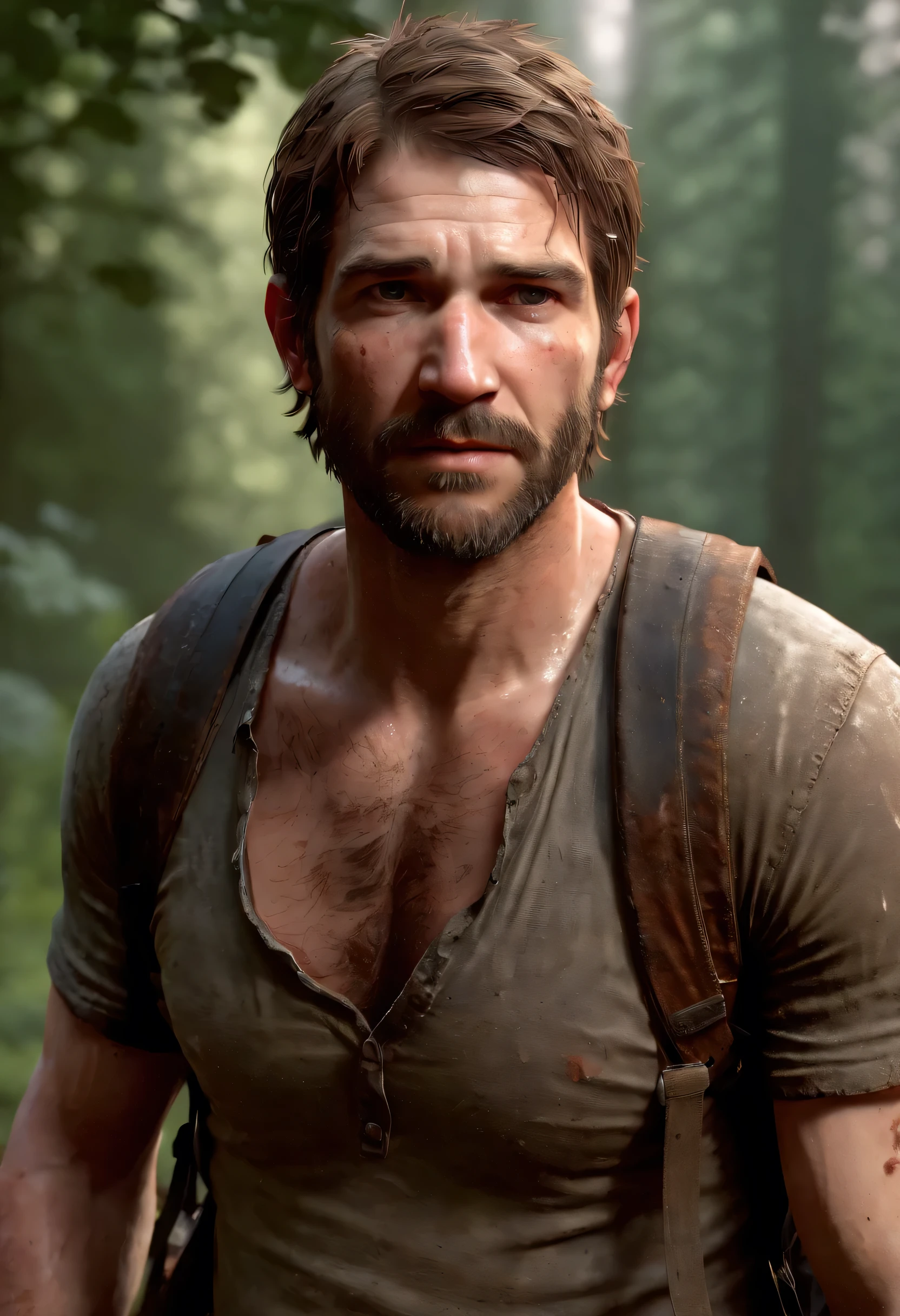 40s year old Joel Miller, (half body shot), (low angle camera shot), (exposed big hairy chest:1.4), unzipped brown jacket exposing his big pecs and abs and hairy chest, looking at viewer, beard, raunchy, dirty, Joel miller from the last of us, (extremely accurate and detailed facial features fo Joel miller from the last of us:1.9), (muscular, big pecs, wide shoulder:1.2) sweaty, dripping and glistening on his body, scars, dirt, blood,