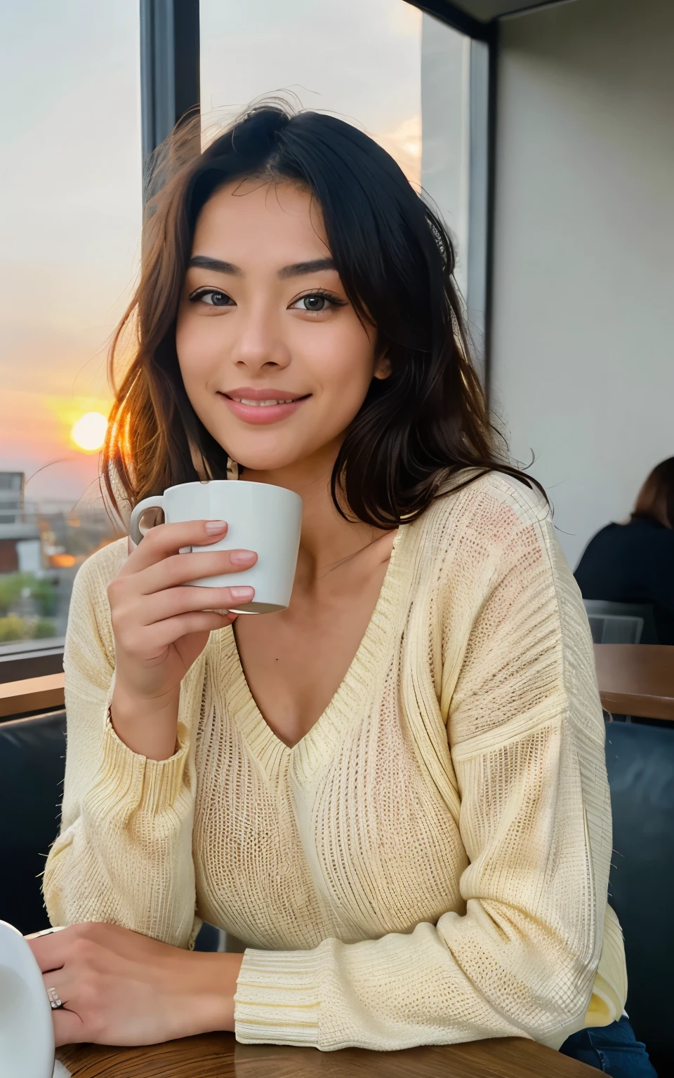 Cute beautiful Japanese woman wearing a yellow sweater (Drinking coffee in a modern cafe at sunset), Very detailed,Age 34，Big Breasts, Innocent face, Naturally Wavy Hair, blue eyes, High resolution, masterpiece, highest quality, Intricate details, Very detailed, Sharp focus, Fine skin, Realistice Hauttextur, texture, Fine grain, Professional, 4K, Cute Smile, Taken with a Canon, 85mm, Depth of written boundary, Kodak Vision Color, Perfectly Fit Body, Very detailed, photograph_\(Ultra\), fotoRealistic, Realistic, Post-processing, Maximum detail, Roughness, Real Life, UltraRealistic, photographrealismus, photographgrafie, 8K UltraHD, photographgrafie