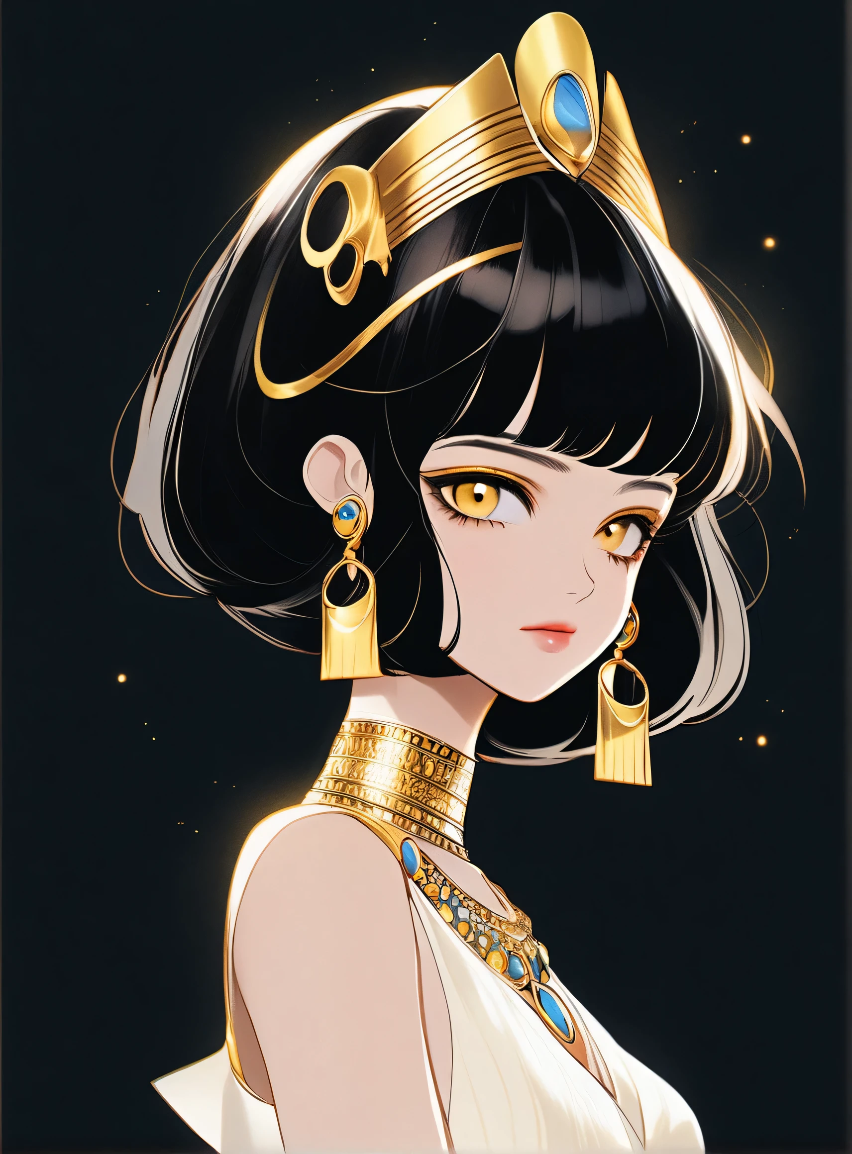 An illustration, she、My funky decorations, Anime Style, High resolution, 2k, Very detailed、Short Straight Bob Hair、short hair、Bob Hair、Black Hair、yellow、Cleopatra in the Reiwa、Cleopatra、Sleeveless white dress、Golden Necklace、The Enchantresocking look
