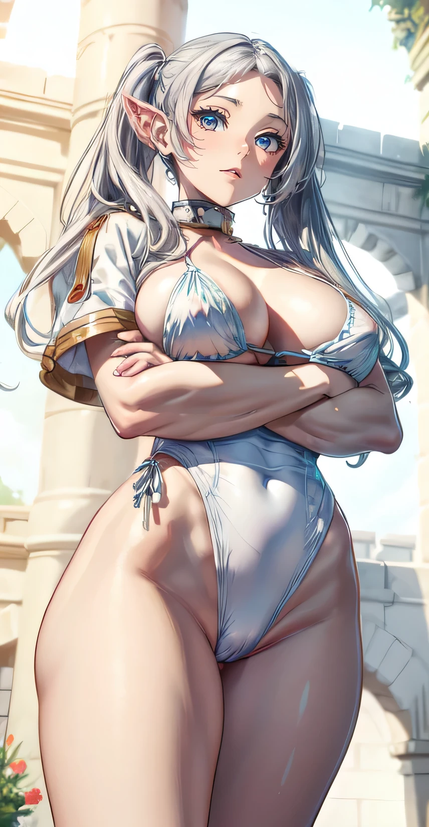 (Masterpiece, High Quality, Top quality, High-Detailed, Detailed CG, Cinematic Shadow, Cinematic Scene, Beautiful Detailed Eyes, Ultra Resolution, Depth of Field), (Character: Frieren: Beyond Journey's End), Looking At The Audience, Looking Down, Looking At The Audience Below, (Blush Expression:1.2), (Angry Expression:1.2), (SFW:1.2), Elf Ear, Silver Hair, Twin Tails, Spiky Ears, Five Fingers, (Crossed Arms), (Folded Arms), Good Composition, Arms, (Swimsuit:1.2), (White Swimsuit:1.0), Thicc Thighs, Huge Breasts, Large Breast, Hips, Hand on Hips, Dark Background, Blur Background, Castle Room, European Room