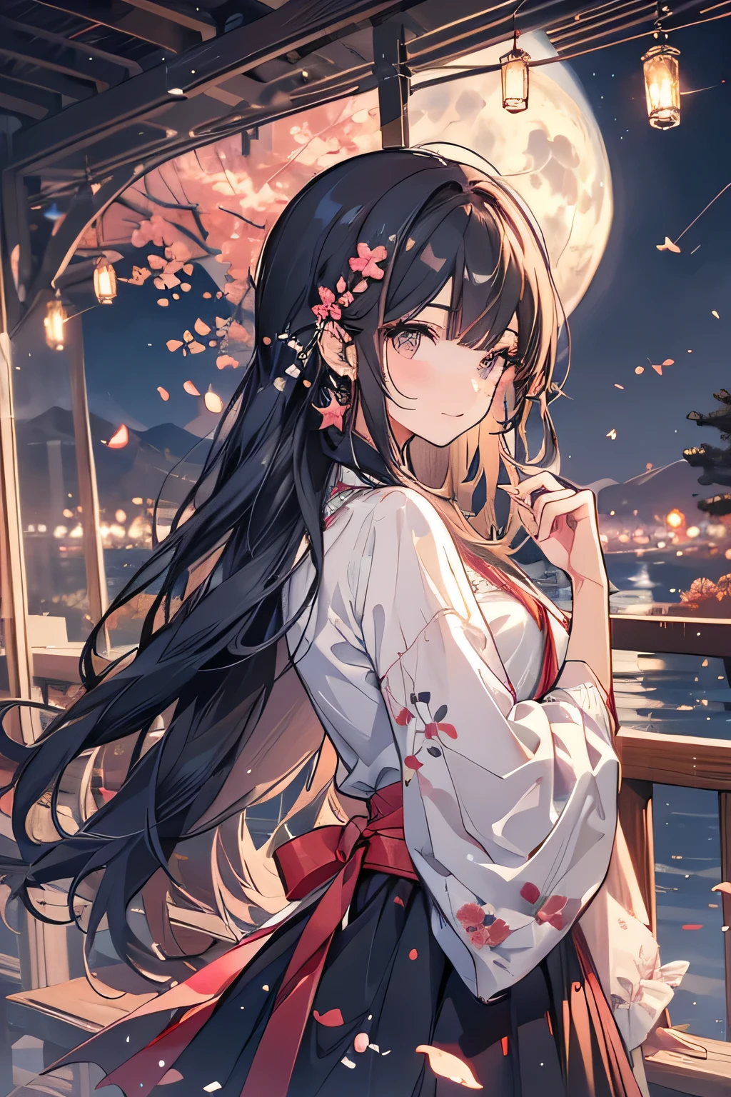 masterpiece, best quality, night, Mountain, Full Moon, Black long hair, Miss, firefly, Star, Mysterious cherry tree, Pink leaves, high quality, Beautiful graphics, High Detail