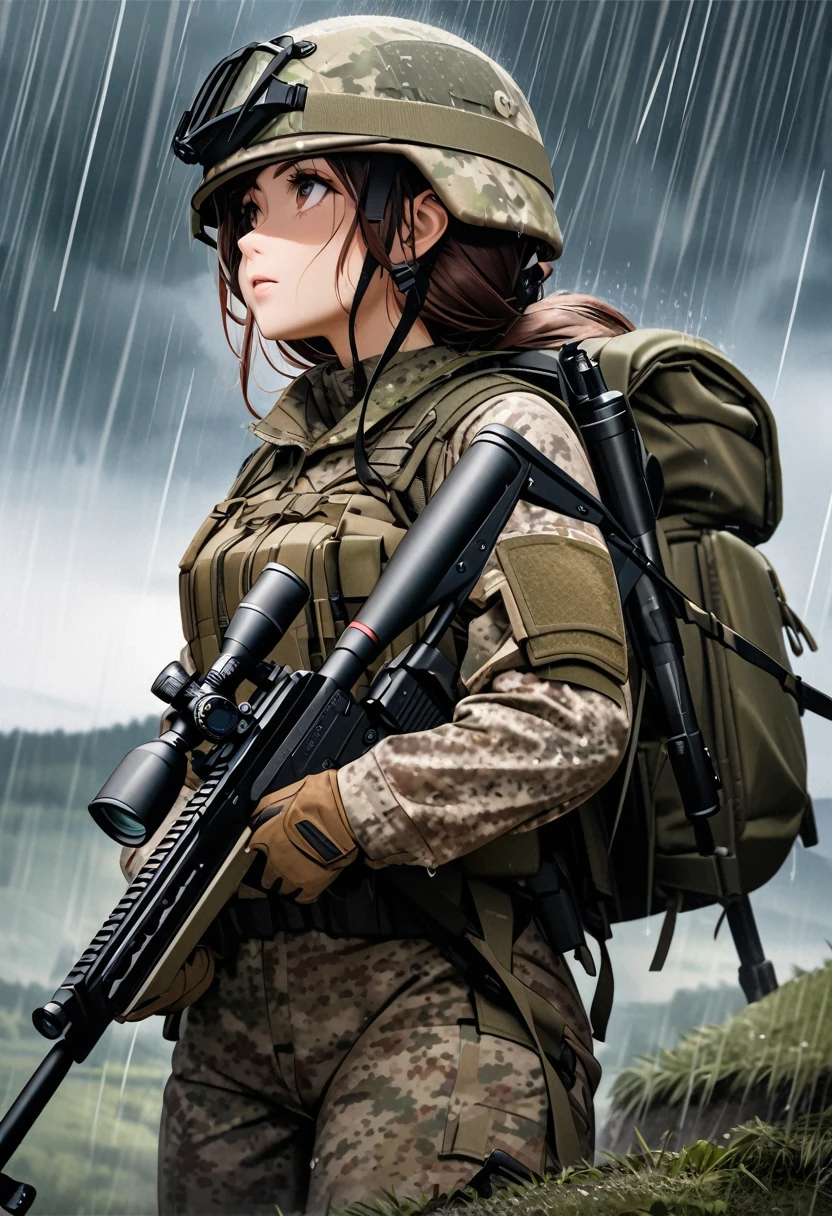 a highly detailed photo of a young female american military sniper in a camouflage uniform, holding a sniper rifle, wearing a combat helmet, standing on a small hill in the rain, backpack on her back, body armor, looking up at the sky