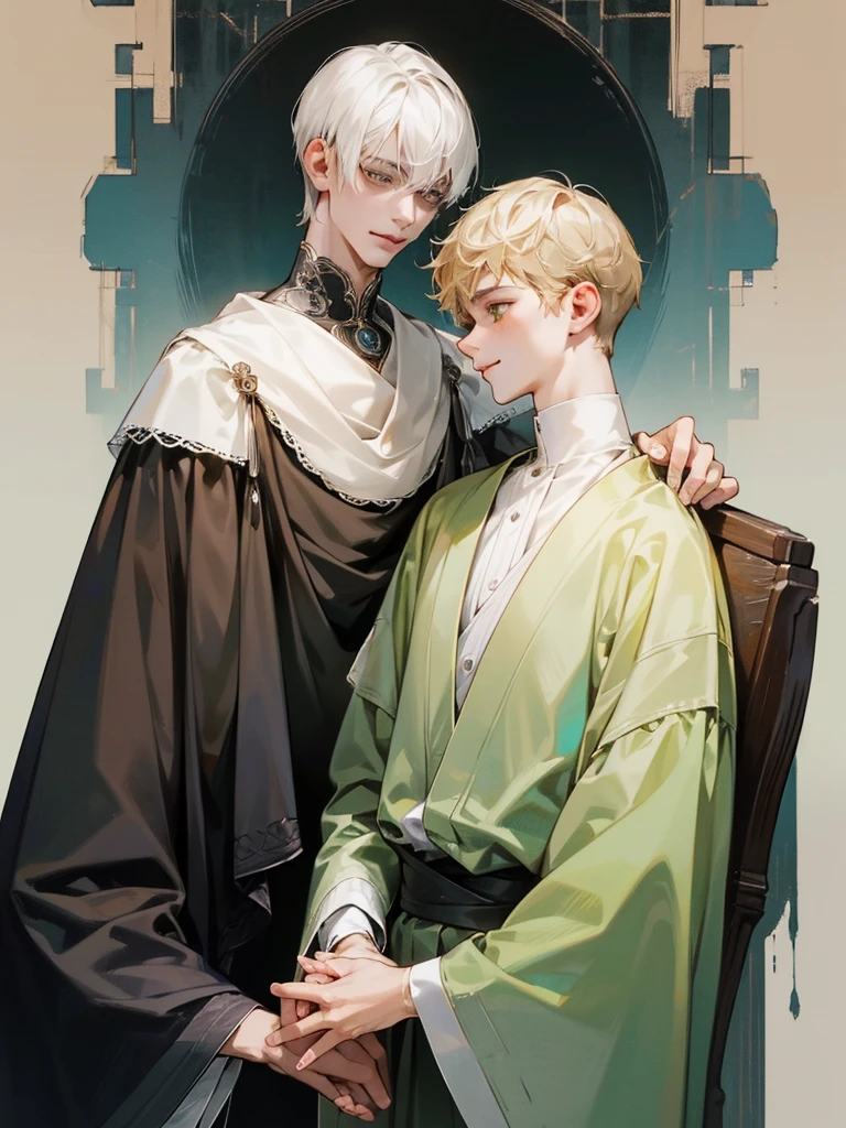 (((photographic, photo, photogenic))), extremely high quality high detail RAW color photo, Lovecraftian cybernetic horror, watercolor, otherworldly textures , high quality, detailed, 
young man , 4K UHD, super detail, best quality, detailed eyes, masterpiece, 2 young men who smiles at each other with a love atmosphere ,one of them is 21years old and has a white straight short hair and green beautifull eyes this men smiles a sweet smile with quiet expression and beautiful smile and he wears a cute outfit,the second men is taller than the previous one and he is 27year and this men has acblack semi long haircut and yellow eyes and has a quiet expression face and he has a sharp eyes and wears a black clothes,high resolutions 