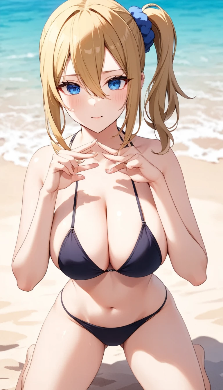 ai hayasaka, bangs, blue eyes, blonde hair, hair ornament, hair between eyes, sidelocks, side ponytail, scrunchie, hair scrunchie, blue scrunchie, (masterpiece:1.2, Best Quality:1.1), 32K HDR, High resolution, Solo, 1girl in, (big breasts:1.1, cleavage:1.1, Perfect slim body:1.2), squat down, (Detailed face, Detailed eyes, Detailed skin texture, Perfectly shaped hands, 5FINGERS), sexy bikini, beach, ((((delicate and beautiful hands and fingers)))),