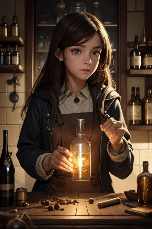 name: "Magic Experiment"
material: digital illustration Size: 60x80 cm Idea: A girl with brown hair and slanted eyes stands in a room, filled with a bunch of different potions and bottles of ingredients. She looks like a mysterious alchemist, immersed in her experiments. Her eyes sparkle with passion and attention to detail., and her hands confidently manipulate various tools and bottles. The girl's face reflects concentration and intrigue., while the room is full of mysterious atmospheric light rays, that highlight the magic of the moment. The background can be made in warm, earth tones with fantasy elements, to emphasize the mystical atmosphere.