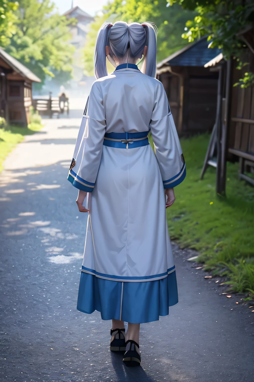 1girl, Frieren hairstyle, silver hair, twintail, earings, female elf, wearing blue mage robe, hair detailed, clothes detailed, overlooking, walking in the village, back view, from back, 8k, ultra hd, ultra detailed, best quality, masterpiece.
