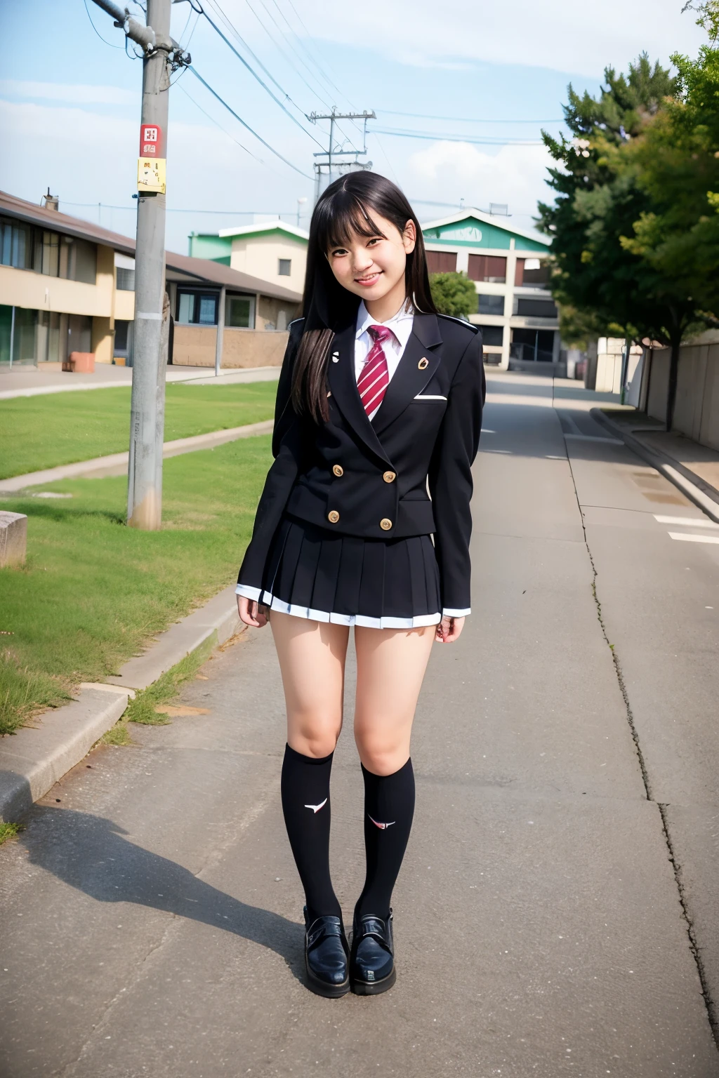 An empty town、Japanese high school girls in miniskirt uniforms、Long black hair、Cute Face、Full body portrait、Smiling